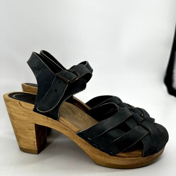 No. 6 Jane Huarache Platform Clog Leather Peep Toe Ankle Strap Midnight Black 6 - Picture 3 of 7